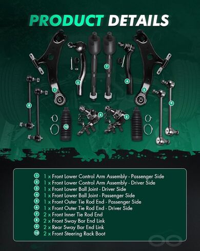 SCITOO 14pcs Front Suspension Kit Lower Control Arm Ball Joint fit 2002-2003 for Toyota Camry 2002-2003 for Lexus ES300 2004-2006 for Lexus ES330 Outer Inner Tie Rod End w/Steering Boot Sway Bar Link in Saudi Arabia