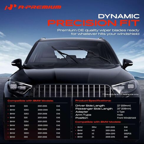 A-Premium Pack of 2 Windshield Wiper Blades with Wear Indicator & Towel - Compatible with BMW X3, M3, 320i, 323Ci, 325Ci, 325i, 325xi, 328Ci, 328i - 22" and 20", Hook Connector, Left and Right in Saudi Arabia