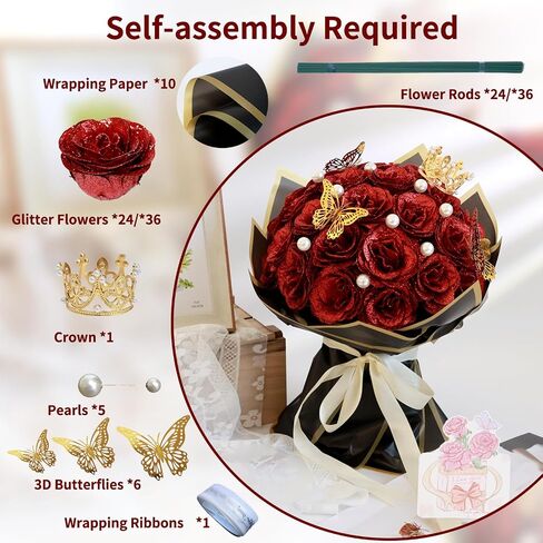 Glitter Roses Bouquet Graduation Gifts, Shiny Artificial Roses Flowers with Stems DIY Fake Glitter Flowers Bouquet for Anniversary Graduation Birthday Wedding, 24 Roses (Red) in Kuwait