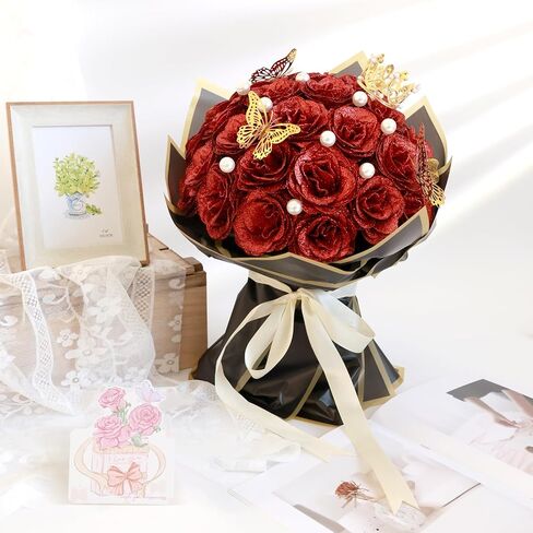 Glitter Roses Bouquet Graduation Gifts, Shiny Artificial Roses Flowers with Stems DIY Fake Glitter Flowers Bouquet for Anniversary Graduation Birthday Wedding, 24 Roses (Red) in Kuwait
