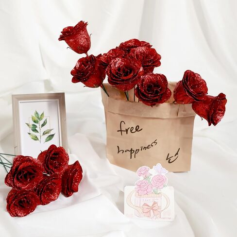 Glitter Roses Bouquet Graduation Gifts, Shiny Artificial Roses Flowers with Stems DIY Fake Glitter Flowers Bouquet for Anniversary Graduation Birthday Wedding, 24 Roses (Red) in Kuwait