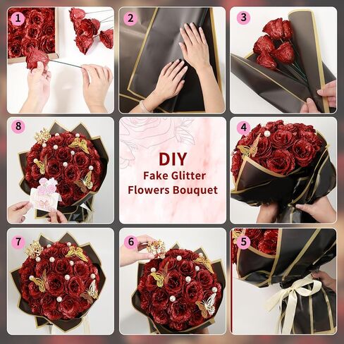 Glitter Roses Bouquet Graduation Gifts, Shiny Artificial Roses Flowers with Stems DIY Fake Glitter Flowers Bouquet for Anniversary Graduation Birthday Wedding, 24 Roses (Red) in Kuwait