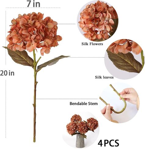 mizii 4Pcs Burnt Orange Artificial Hydrangeas Flowers Large Fake Silk Hydrangea Flower with Stems Realistic Faux Hydrangea Decorations for Wedding Table Centerpieces Vase Home Decor (Burnt Orange) in Kuwait