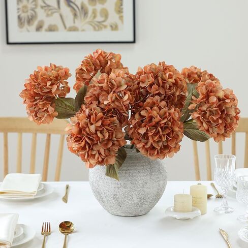 mizii 4Pcs Burnt Orange Artificial Hydrangeas Flowers Large Fake Silk Hydrangea Flower with Stems Realistic Faux Hydrangea Decorations for Wedding Table Centerpieces Vase Home Decor (Burnt Orange) in Kuwait