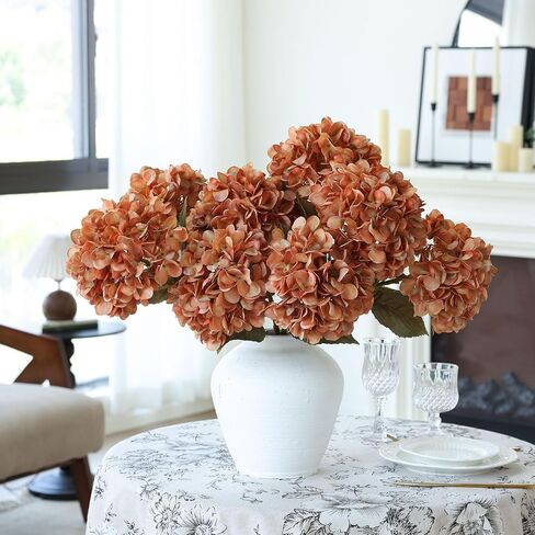 mizii 4Pcs Burnt Orange Artificial Hydrangeas Flowers Large Fake Silk Hydrangea Flower with Stems Realistic Faux Hydrangea Decorations for Wedding Table Centerpieces Vase Home Decor (Burnt Orange) in Kuwait