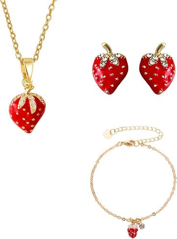 coadipress 3PCS Strawberry Jewelry Set for Women Cute Sweet Strawberry Fruit Pendant Necklace Dainty Fashion Strawberry Rhinestone Bracelet Birthday Party Charm Jewelry in Saudi Arabia