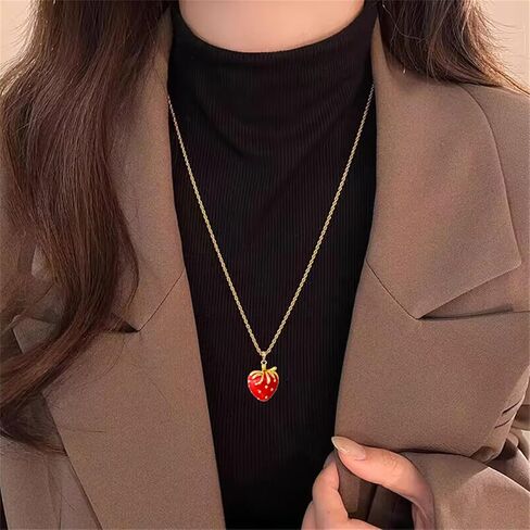 coadipress 3PCS Strawberry Jewelry Set for Women Cute Sweet Strawberry Fruit Pendant Necklace Dainty Fashion Strawberry Rhinestone Bracelet Birthday Party Charm Jewelry in Saudi Arabia