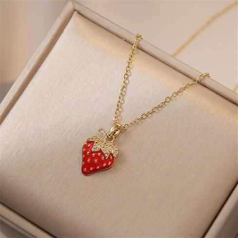 coadipress 3PCS Strawberry Jewelry Set for Women Cute Sweet Strawberry Fruit Pendant Necklace Dainty Fashion Strawberry Rhinestone Bracelet Birthday Party Charm Jewelry in Saudi Arabia