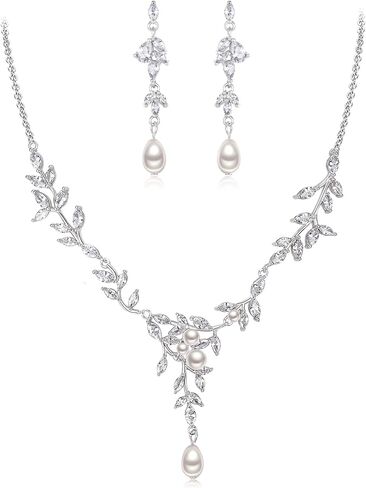 EVER FAITH Cubic Zirconia Bridal Jewelry Set for Wedding, Marquise CZ Simulated Pearl Vine Leaf Necklace Dangle Earrings Sets in Saudi Arabia