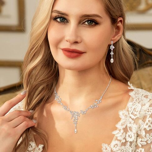 EVER FAITH Cubic Zirconia Bridal Jewelry Set for Wedding, Marquise CZ Simulated Pearl Vine Leaf Necklace Dangle Earrings Sets in Saudi Arabia