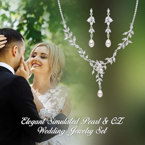 EVER FAITH Cubic Zirconia Bridal Jewelry Set for Wedding, Marquise CZ Simulated Pearl Vine Leaf Necklace Dangle Earrings Sets in Saudi Arabia