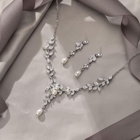EVER FAITH Cubic Zirconia Bridal Jewelry Set for Wedding, Marquise CZ Simulated Pearl Vine Leaf Necklace Dangle Earrings Sets in Saudi Arabia