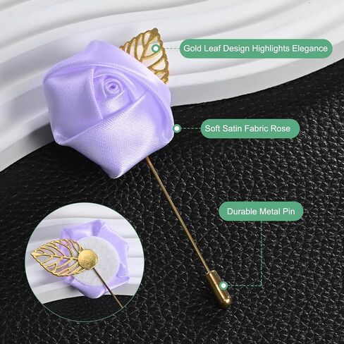 24-Pack Flower Lapel Pins for Men, Golden Leaf Rose Boutonnieres Pin Groom Boutonnieres for Wedding/Dance/Party, Men Lapel Pins for Suits Satin Flower Corsage [Light Purple] in Saudi Arabia