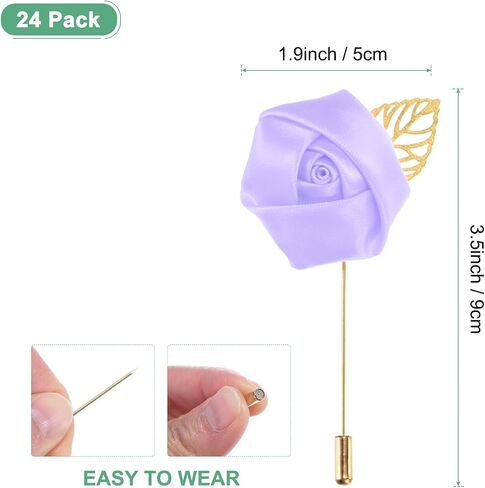 24-Pack Flower Lapel Pins for Men, Golden Leaf Rose Boutonnieres Pin Groom Boutonnieres for Wedding/Dance/Party, Men Lapel Pins for Suits Satin Flower Corsage [Light Purple] in Saudi Arabia