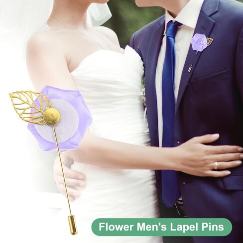 24-Pack Flower Lapel Pins for Men, Golden Leaf Rose Boutonnieres Pin Groom Boutonnieres for Wedding/Dance/Party, Men Lapel Pins for Suits Satin Flower Corsage [Light Purple] in Saudi Arabia