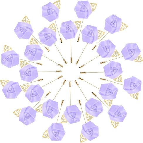 24-Pack Flower Lapel Pins for Men, Golden Leaf Rose Boutonnieres Pin Groom Boutonnieres for Wedding/Dance/Party, Men Lapel Pins for Suits Satin Flower Corsage [Light Purple] in Saudi Arabia