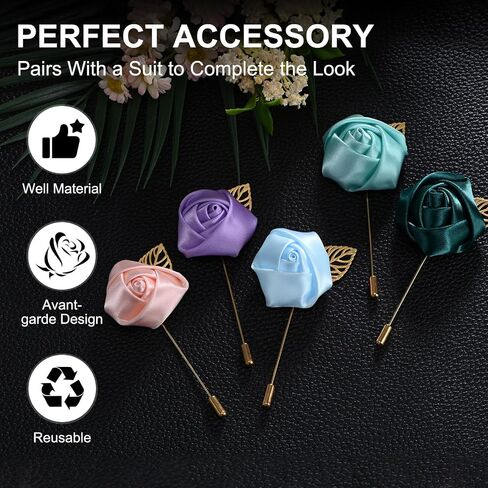 24-Pack Flower Lapel Pins for Men, Golden Leaf Rose Boutonnieres Pin Groom Boutonnieres for Wedding/Dance/Party, Men Lapel Pins for Suits Satin Flower Corsage [Light Purple] in Saudi Arabia