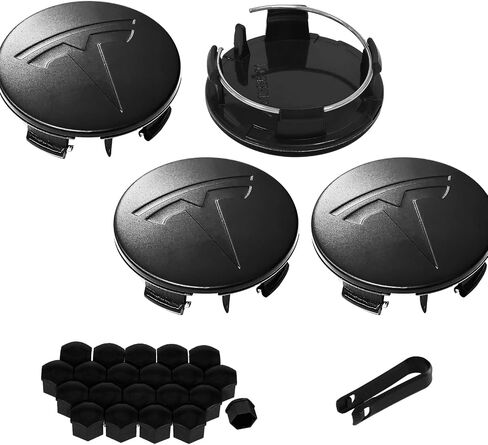 4 حزمة تغطية مركز الديكور الخارجي لسيارات Tesla Model 3 Model Y ، 56 مم Hubcaps Rim Rim Rim Cover Tesla Center Caps Hubcaps+22 أغطية جوز العروة السوداء (Black Black+Black Emblem) in Kuwait