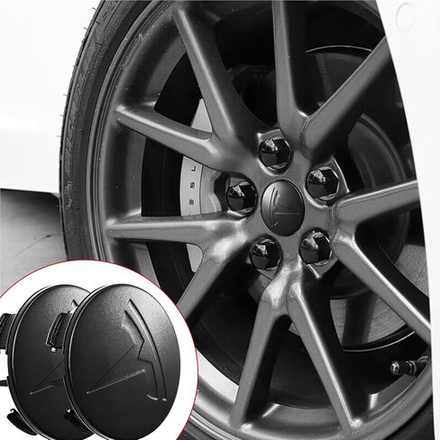 4 حزمة تغطية مركز الديكور الخارجي لسيارات Tesla Model 3 Model Y ، 56 مم Hubcaps Rim Rim Rim Cover Tesla Center Caps Hubcaps+22 أغطية جوز العروة السوداء (Black Black+Black Emblem) in Kuwait