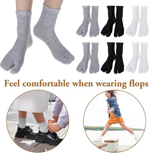 6 Pairs Tabi Flip Flop Socks, Elastic Cotton Tabi Split Toe Socks Wicking Sandal Sock for Women Men (Black+Grey+White) in Saudi Arabia
