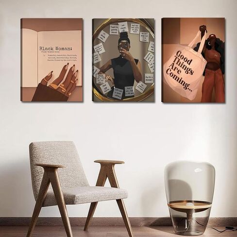 3pcs Black Girl Wall Art, African American Wall Decor Paintings, Fashion Abstract Black Woman Poster Canvas Prints Pictures for Living Room Bedroom 12x16 inch Framed in Saudi Arabia