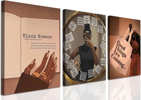 3pcs Black Girl Wall Art, African American Wall Decor Paintings, Fashion Abstract Black Woman Poster Canvas Prints Pictures for Living Room Bedroom 12x16 inch Framed in Saudi Arabia