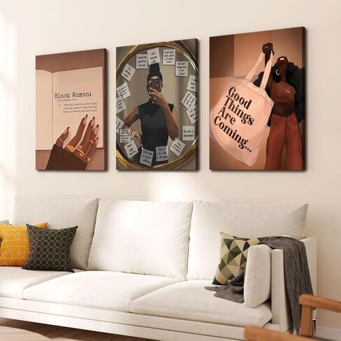 3pcs Black Girl Wall Art, African American Wall Decor Paintings, Fashion Abstract Black Woman Poster Canvas Prints Pictures for Living Room Bedroom 12x16 inch Framed in Saudi Arabia