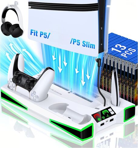 محطة تبريد لوحدة التحكم PS5 / PS5 Slim، ومروحة ثلاثية المستويات وإضاءة RGB LED لـ PS5/ 2023 PS5، وحامل تبريد نحيف، مع شاحن وحدة تحكم لجهاز PlayStation 5، وحامل سماعة الرأس، و3 منافذ شحن، وملحقات لجهاز PS5 in Kuwait