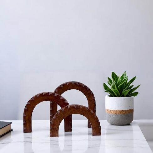 Wood Arch Decor – Handcrafted Set of 3 Solid Acacia Sculptures for Shelf, Coffee Table, and Entryway Styling – Japandi-Inspired Minimalist Decorative Objects in Saudi Arabia