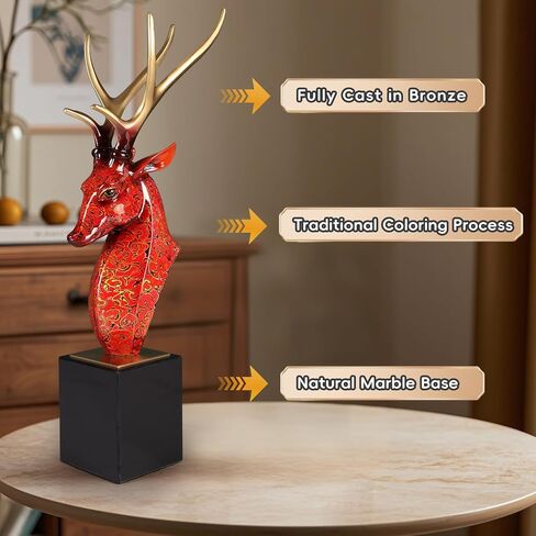 Luxury Handcrafted Pure Bronze Deer Head Statue Copper Sculpture Figurine on Marble Base - Japanese Lacquerware Zen Art Decor, Premium Home Office Feng Shui Brass Decor, Executive Gift in Saudi Arabia