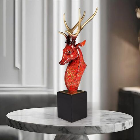 Luxury Handcrafted Pure Bronze Deer Head Statue Copper Sculpture Figurine on Marble Base - Japanese Lacquerware Zen Art Decor, Premium Home Office Feng Shui Brass Decor, Executive Gift in Saudi Arabia