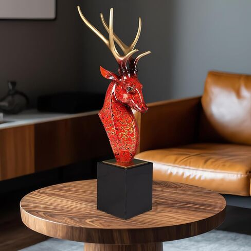 Luxury Handcrafted Pure Bronze Deer Head Statue Copper Sculpture Figurine on Marble Base - Japanese Lacquerware Zen Art Decor, Premium Home Office Feng Shui Brass Decor, Executive Gift in Saudi Arabia
