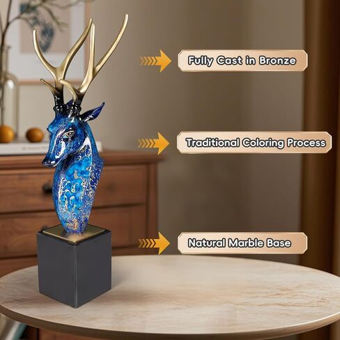 Luxury Handcrafted Pure Bronze Deer Head Statue Copper Sculpture Figurine on Marble Base - Japanese Lacquerware Zen Art Decor, Premium Home Office Feng Shui Brass Decor, Executive Gift in Kuwait