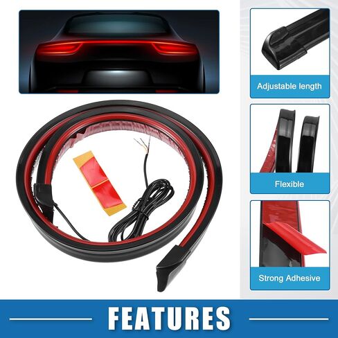 المفسد العالمي للسيارة مع ضوء الفرامل LED أحمر 47.2 بوصة/1.2M السيارة Trunk Trunk Spoiler Lip Kit Car Tail Bar Bar Spoiler Rubber Black in Saudi Arabia