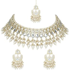 I Jewels Indian Wedding Bollywood Kundan & Pearl Choker Necklace Jewellery With Dangle Earrings & Maang Tikka For Women (K7261W) in Saudi Arabia