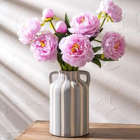 Ceramic Grey and White Checkered Stripes Vase with Handles, Hand-Painted Modern Minimalist Bohemian Floral Vases Home Decor, Cottage Core Decor, Flower Vase for Bouquet Mantle Kitchen Bookshelf 9.1 In in Kuwait