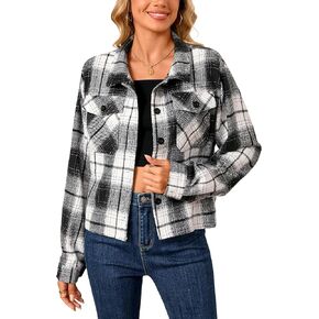 Shawnda Women's Flannel Shacket Cropped Jacket Fashion Plaid Button Down Shirt Jacket Tops in Saudi Arabia