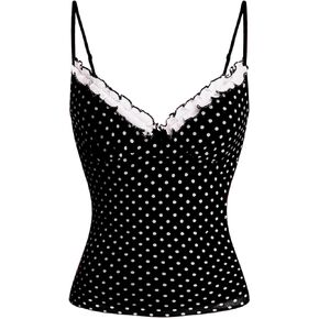 Women's Polka Dots Cami Tops Coquette Mesh Lace Trim V Neck Ruffle Hem Camisole Spaghetti Strap Y2k Tops in Kuwait