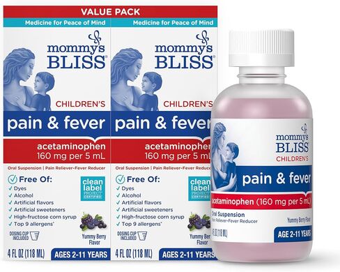Mommy's Bliss Children's Pain and Fever Reducer, Kids Acetaminophen, Dye Free, Delicious Mixed Berry Flavor, Ages 2+, 4 Fluid Ounces (Pack of 2) in Kuwait