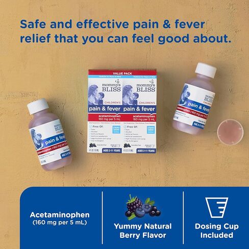 Mommy's Bliss Children's Pain and Fever Reducer, Kids Acetaminophen, Dye Free, Delicious Mixed Berry Flavor, Ages 2+, 4 Fluid Ounces (Pack of 2) in Kuwait