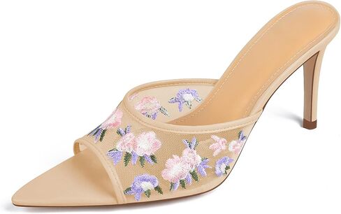 JANSEVEN Women Mesh Heeled Sandals Floral Mules Stiletto High Heels with Embroidered Flowered Open Pointed Toe Slip On Comfortable Fashion Dress Shoes in Kuwait