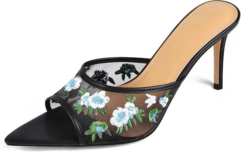 JANSEVEN Women Mesh Heeled Sandals Floral Mules Stiletto High Heels with Embroidered Flowered Open Pointed Toe Slip On Comfortable Fashion Dress Shoes in Kuwait