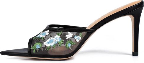 JANSEVEN Women Mesh Heeled Sandals Floral Mules Stiletto High Heels with Embroidered Flowered Open Pointed Toe Slip On Comfortable Fashion Dress Shoes in Kuwait