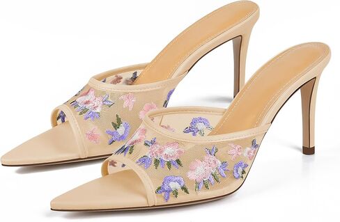 JANSEVEN Women Mesh Heeled Sandals Floral Mules Stiletto High Heels with Embroidered Flowered Open Pointed Toe Slip On Comfortable Fashion Dress Shoes in Kuwait