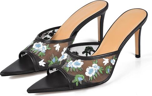 JANSEVEN Women Mesh Heeled Sandals Floral Mules Stiletto High Heels with Embroidered Flowered Open Pointed Toe Slip On Comfortable Fashion Dress Shoes in Kuwait