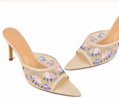 JANSEVEN Women Mesh Heeled Sandals Floral Mules Stiletto High Heels with Embroidered Flowered Open Pointed Toe Slip On Comfortable Fashion Dress Shoes in Kuwait