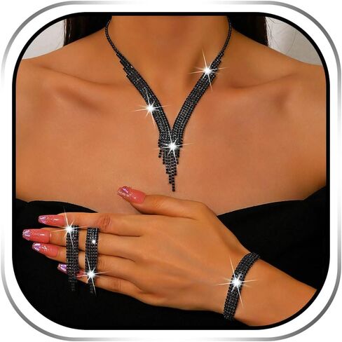 Sixexey Black Jewelry Set Rhinestone Wedding Jewelry Prom Wedding Neck Jewelry for Women in Saudi Arabia