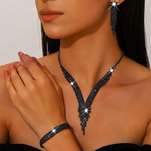 Sixexey Black Jewelry Set Rhinestone Wedding Jewelry Prom Wedding Neck Jewelry for Women in Saudi Arabia