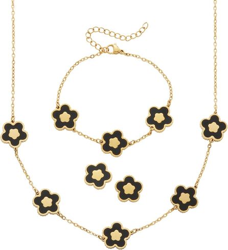 Genuine Black Onyx Yellow Gold Ion-Plated Stainless Steel Flower Jewelry Set in Saudi Arabia