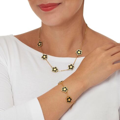 Genuine Black Onyx Yellow Gold Ion-Plated Stainless Steel Flower Jewelry Set in Saudi Arabia